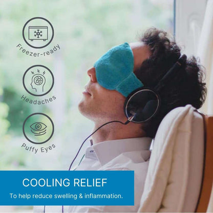 Blue plush warming eye mask on person, relaxing side profile