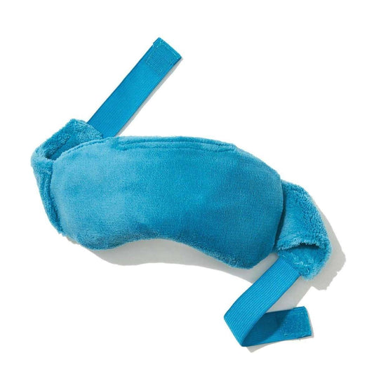 Blue plush warming eye mask with adjustable strap and padded cover for eyes