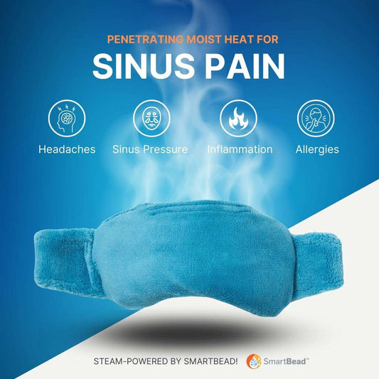 Blue plush warming eye mask with padded eye pad and long strap