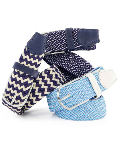 Navy-and-cream braided belt with metal buckle, with light blue braided belt shown