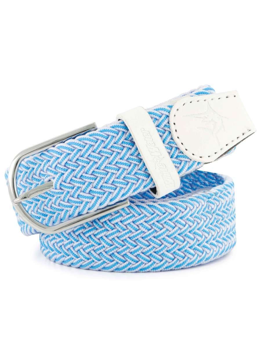Light blue braided belt with silver buckle and white leather keeper strap