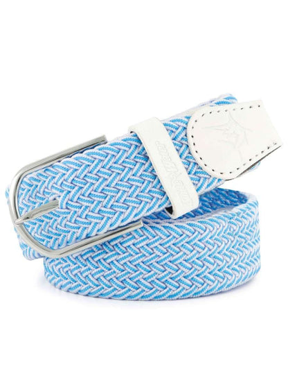 Light blue braided belt with silver buckle and white leather keeper strap