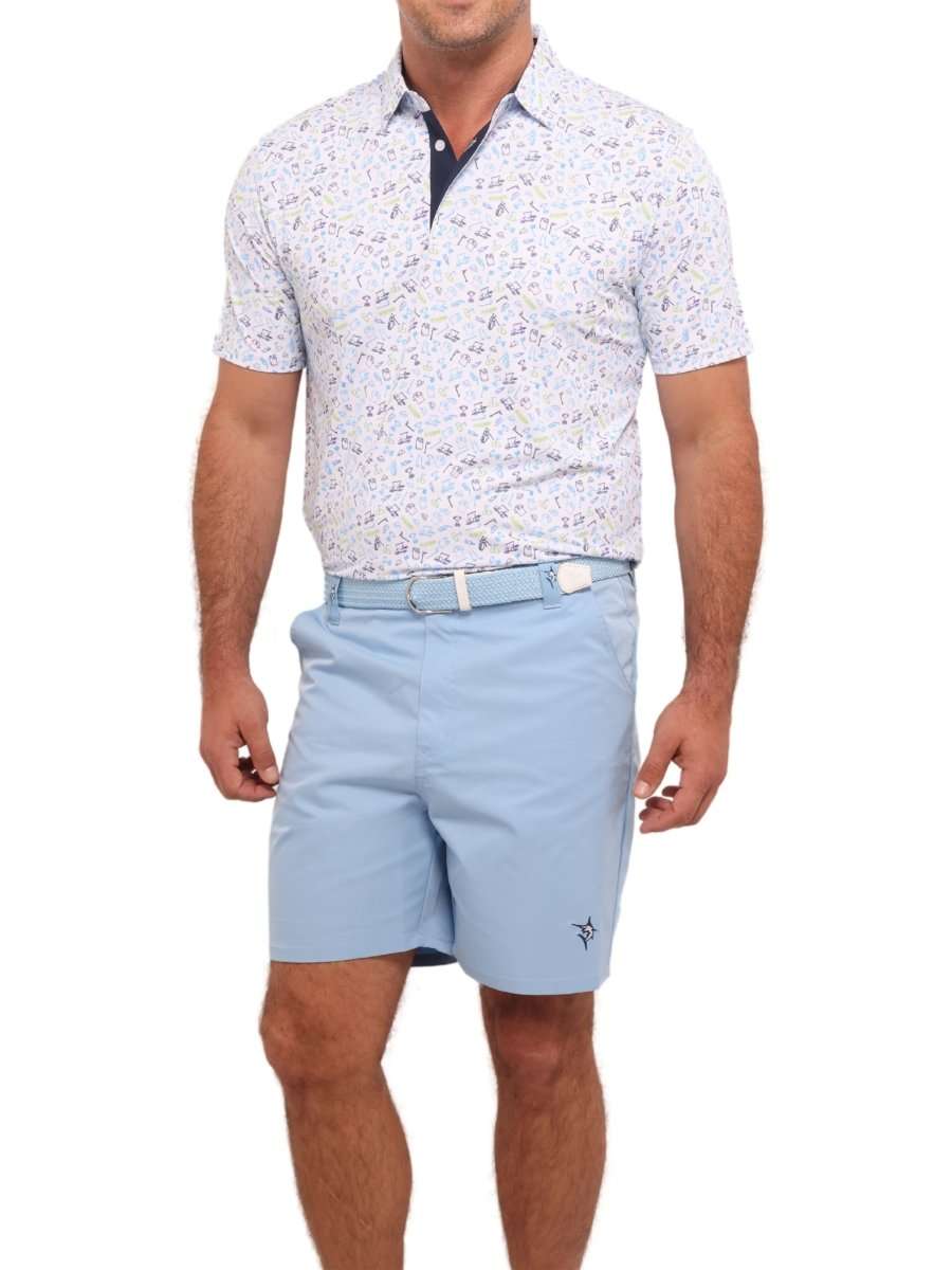 Light blue braided belt with silver buckle shown at waist over light shorts