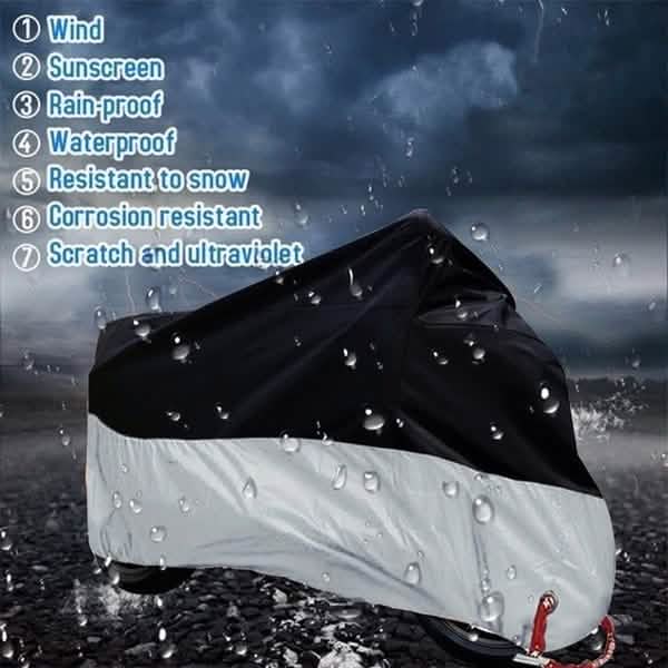 Waterproof motorcycle cover with black top and silver-grey lower panel, water droplets
