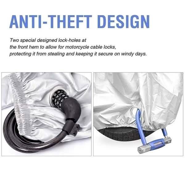 Motorcycle cover showing lock-hole area for cable locks