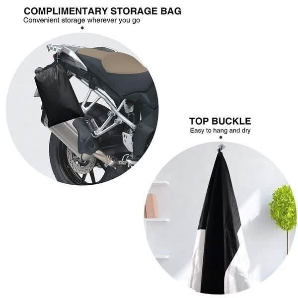Motorcycle cover with included storage bag and top hanging buckle