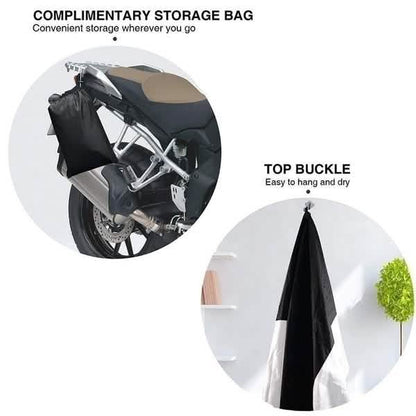 Motorcycle cover with included storage bag and top hanging buckle