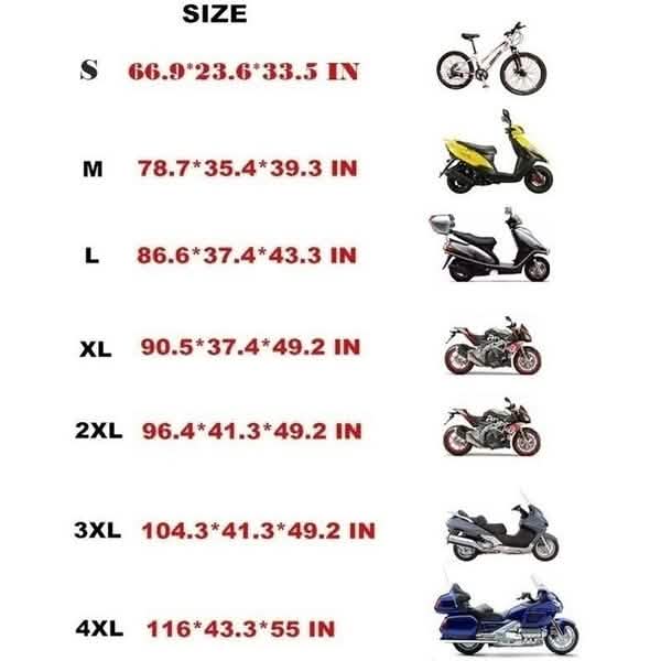 Motorcycle cover size chart with bike silhouettes from S to 4XL