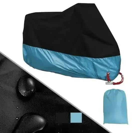 Black and blue waterproof motorcycle and bike cover with drawstring and grommet hem