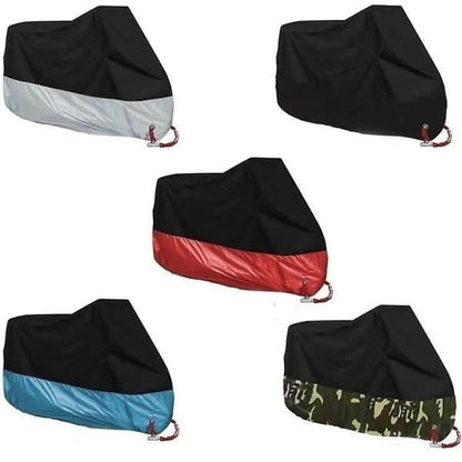 Motorcycle and bike covers in multiple colors: black, blue, red, and camouflage