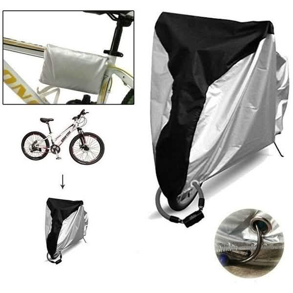 Motorcycle cover with drawstring hem and grommet details, black and silver-grey