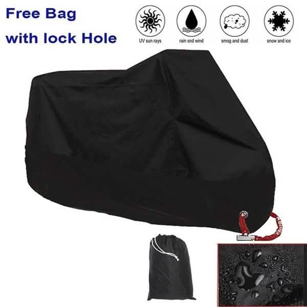 Motorcycle and bicycle cover with storage bag and cord, black waterproof style