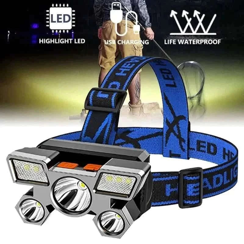 Blue LED headlamp with four-front silver light modules and elastic head strap