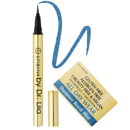 Shimmer royal blue liquid eyeliner pen with cap and blue glitter swatch