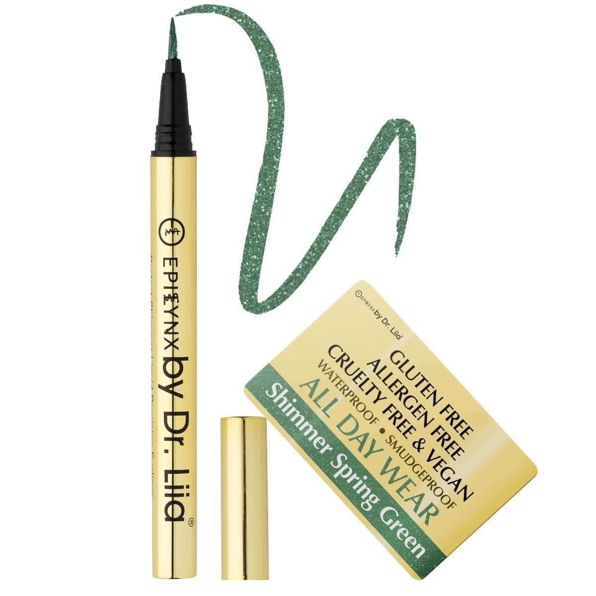 Shimmer spring green liquid eyeliner pen with green glitter swatch and gold tube