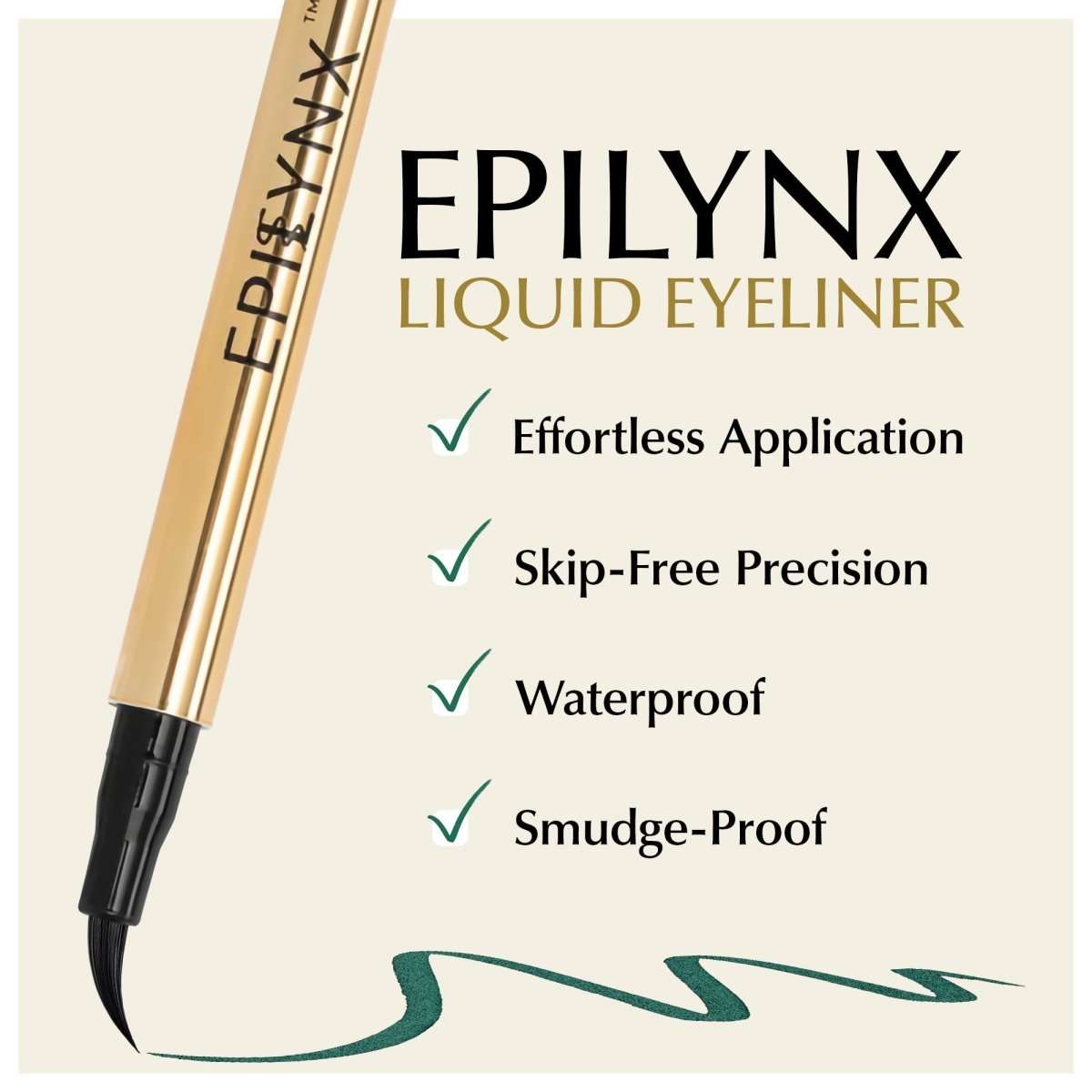 Liquid eyeliner pen with golden barrel and green swatch
