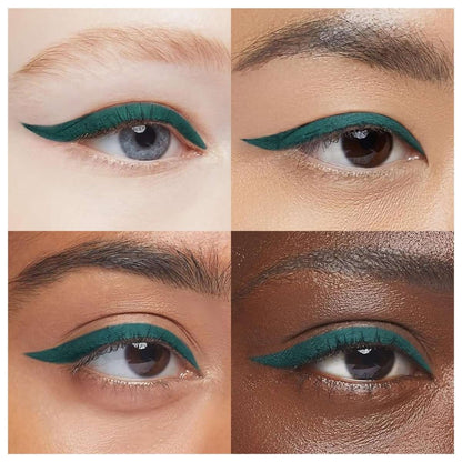 Teal liquid eyeliner on eyes with bold smudge-proof liner wing and shimmer