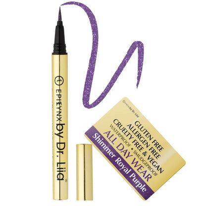 Shimmer royal purple liquid eyeliner pen with purple glitter swatch and gold cap