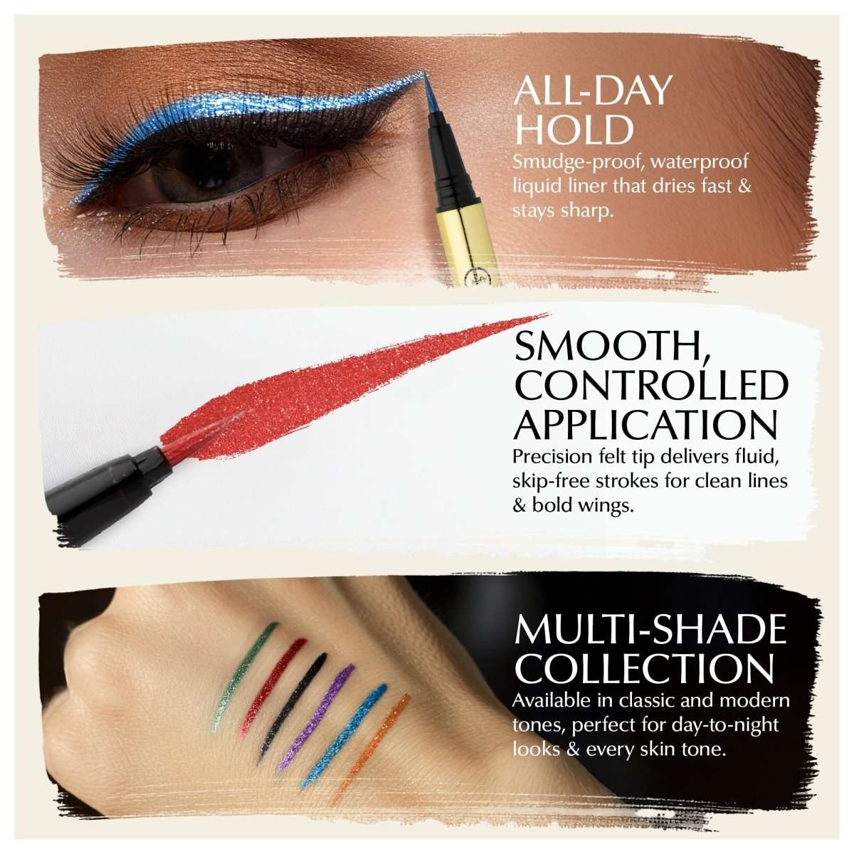 Multi-shade liquid eyeliner collection with colored eyeliner swatches