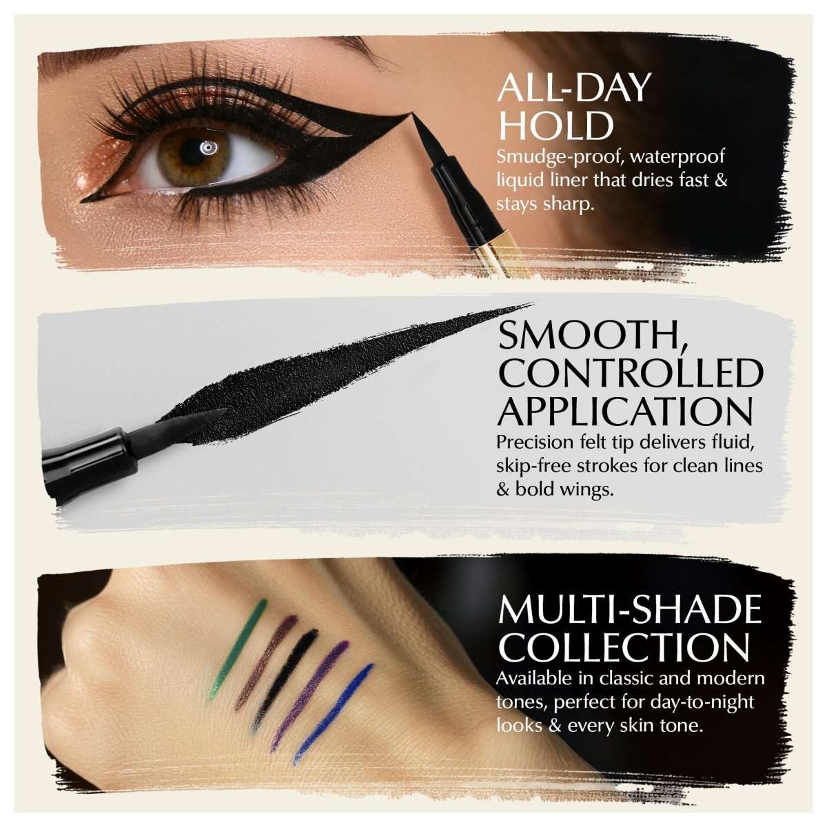 Liquid eyeliner set with swatches on eyelids and skin in black and green, blue accents