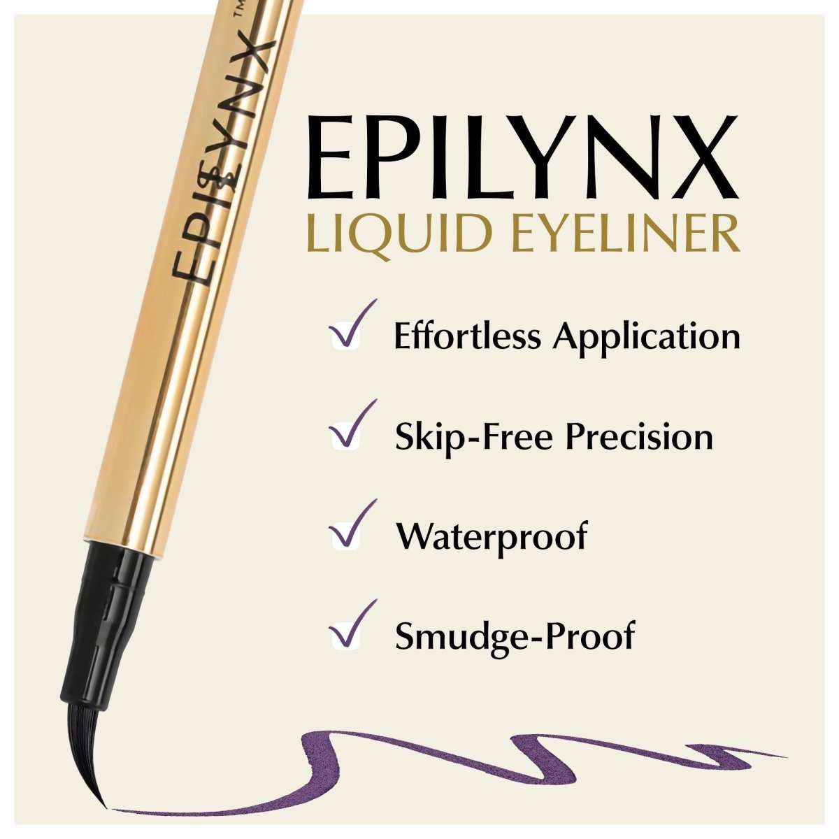 Liquid eyeliner pen with gold barrel and purple shimmer line swatch