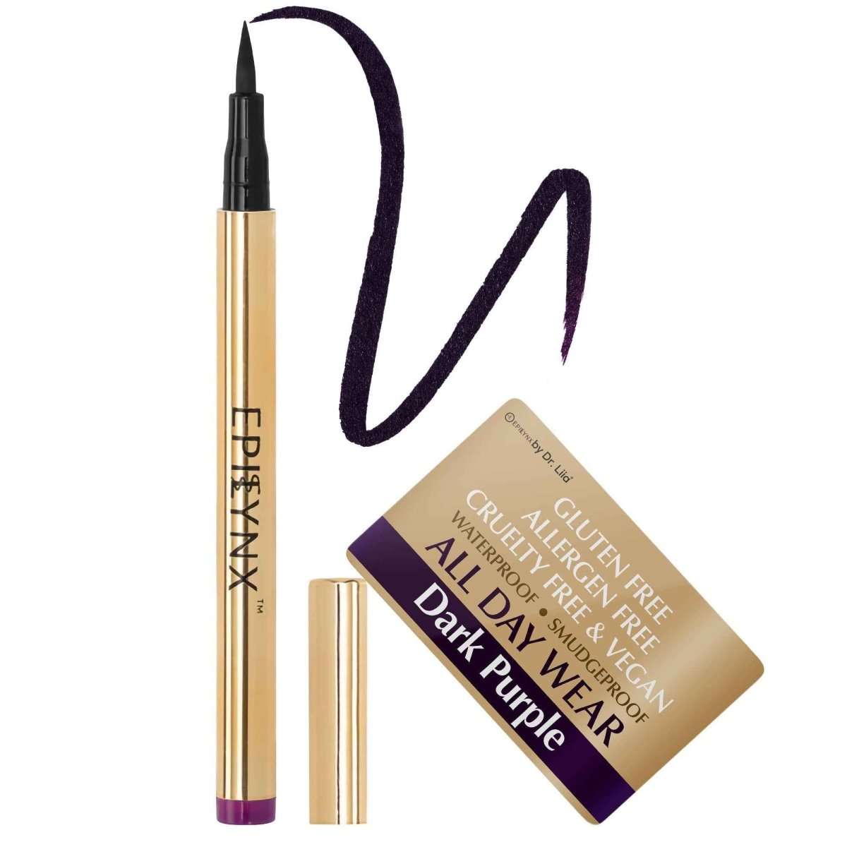 Dark purple liquid eyeliner pen with cap and purple swatch