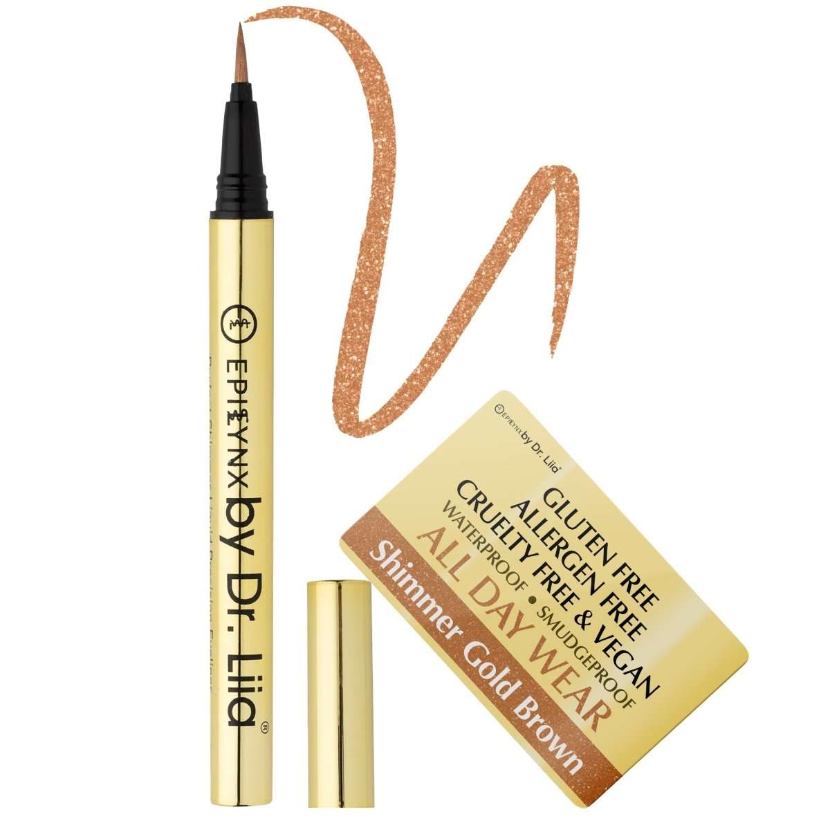 Shimmer gold brown liquid eyeliner pen with cap and gold glitter-brown swatch