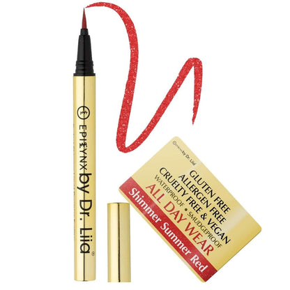Shimmer red liquid eyeliner pen with red glitter swatch and gold tube