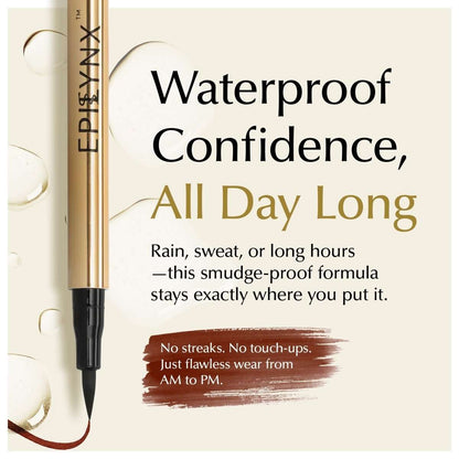 Waterproof liquid eyeliner pen, dark brown applicator with smudge-proof wear swatch