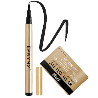 Black liquid eyeliner pen with black smudge-proof swatch and gold tube