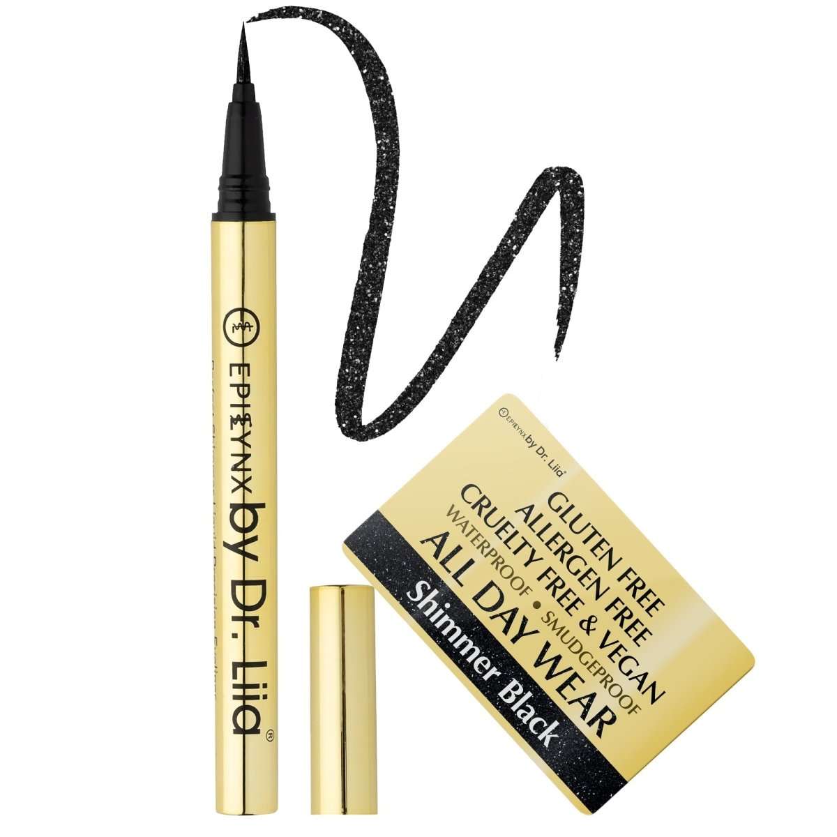 Shimmer black liquid eyeliner pen with black glitter swatch and gold tube