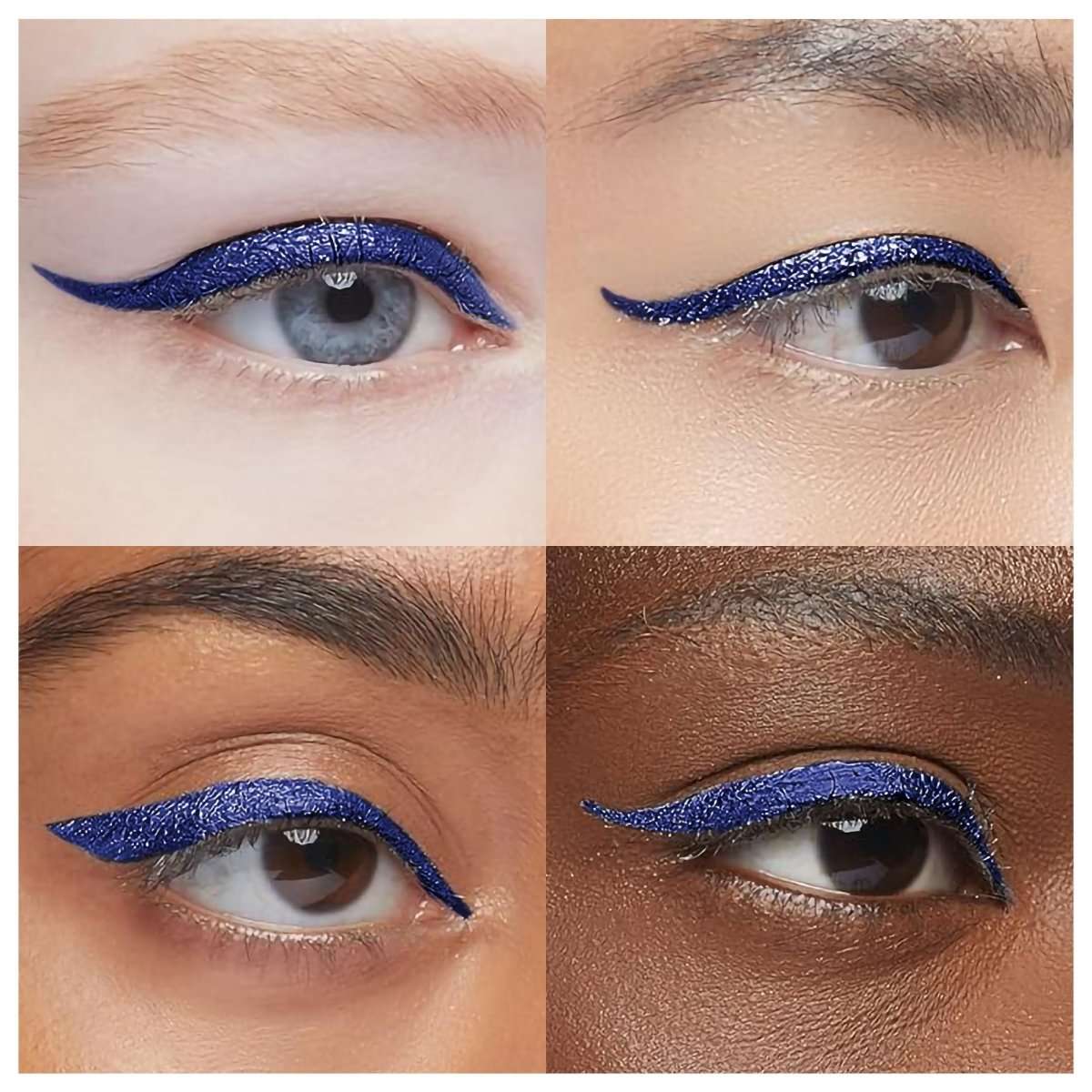 Liquid eyeliner on eyes with deep blue and dark blue winged lines, close-up swatch set