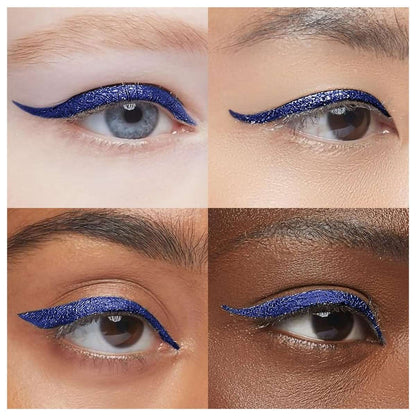 Liquid eyeliner on eyes with deep blue and dark blue winged lines, close-up swatch set