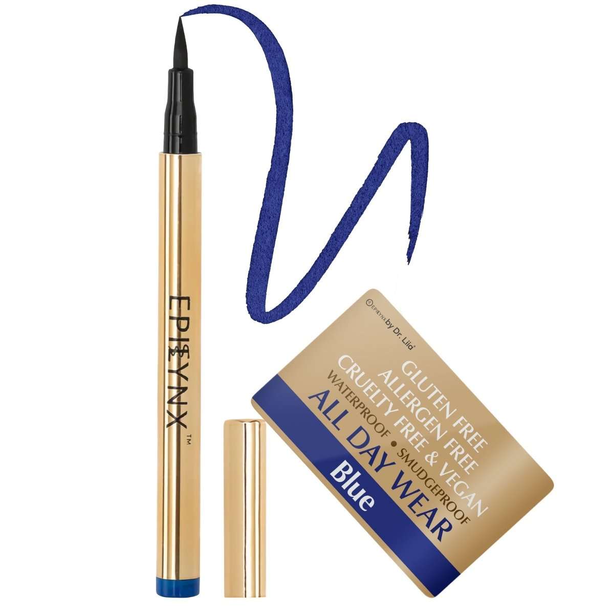 Liquid eyeliner pen, blue shimmer shade with slim precision tip and gold tube