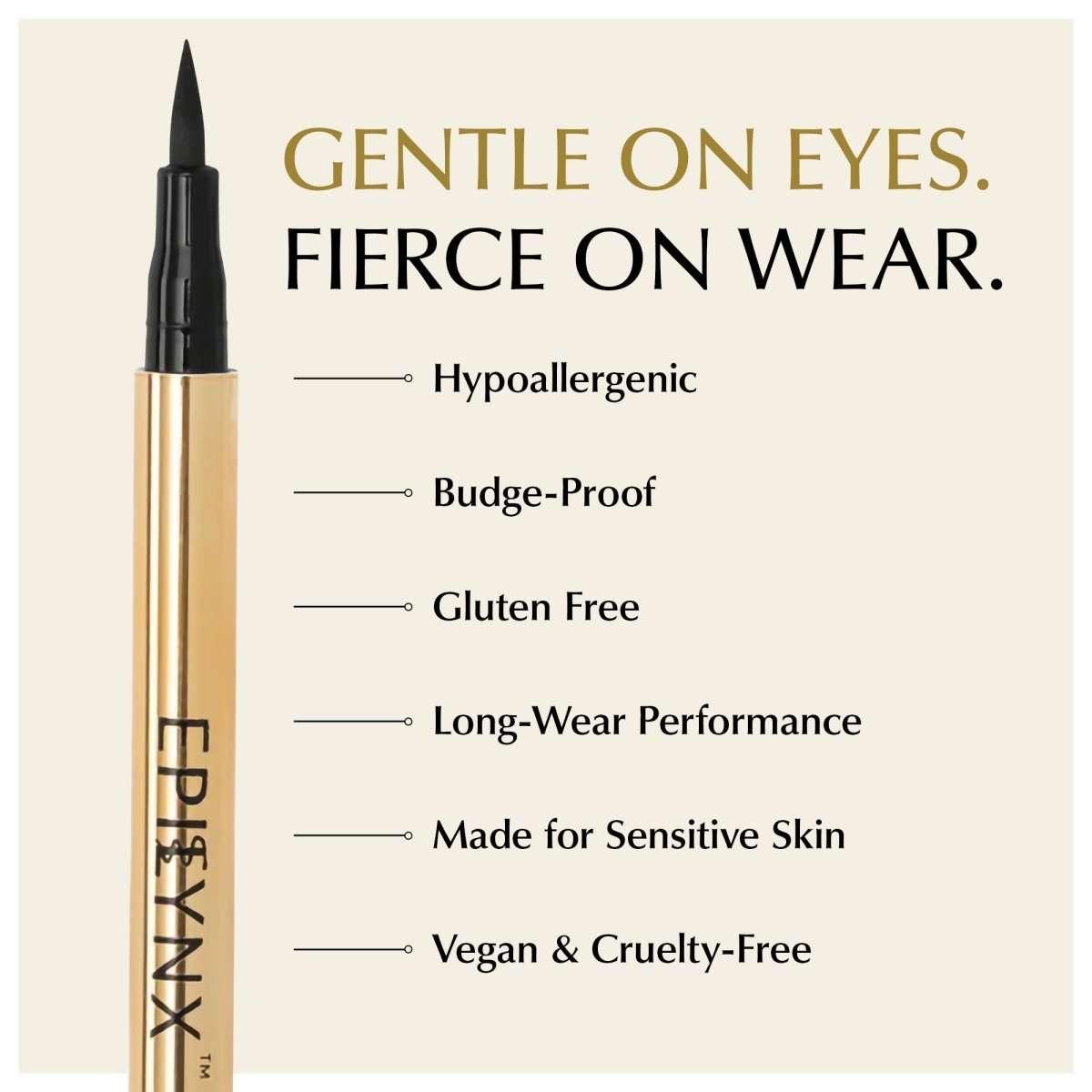 Gold liquid eyeliner pen with black tip and feature card