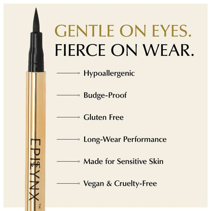 Gold liquid eyeliner pen with black tip and feature card