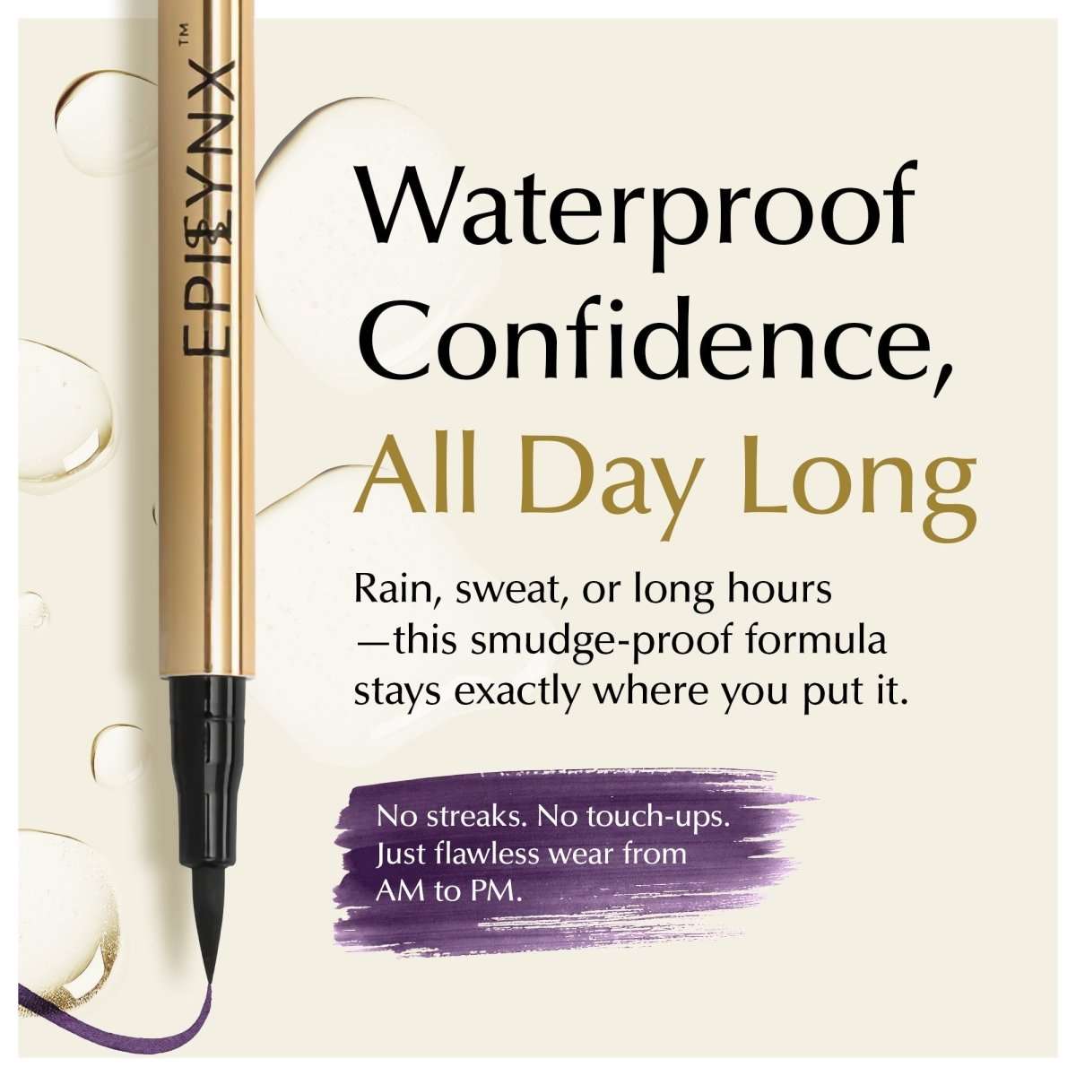 Waterproof liquid eyeliner pen with purple swatch