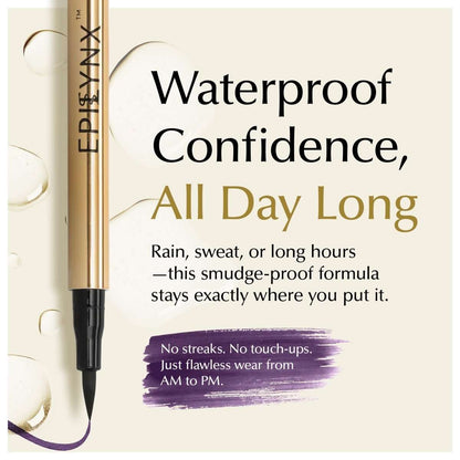 Waterproof liquid eyeliner pen with purple swatch