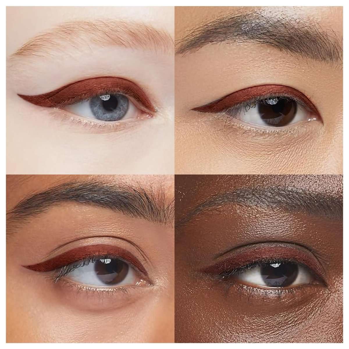Liquid eyeliner on eyes with rich brown lines and subtle winged edges, close-up