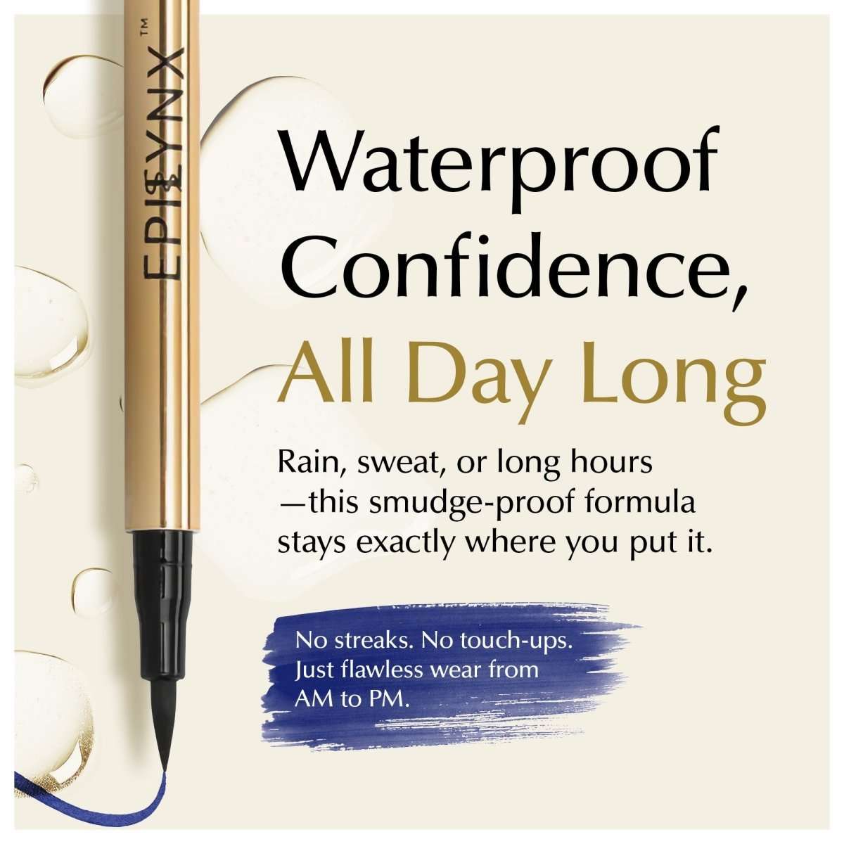 Liquid eyeliner pen with blue smudge-proof swatch and slim black tip