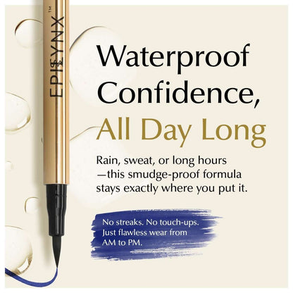 Liquid eyeliner pen with blue smudge-proof swatch and slim black tip