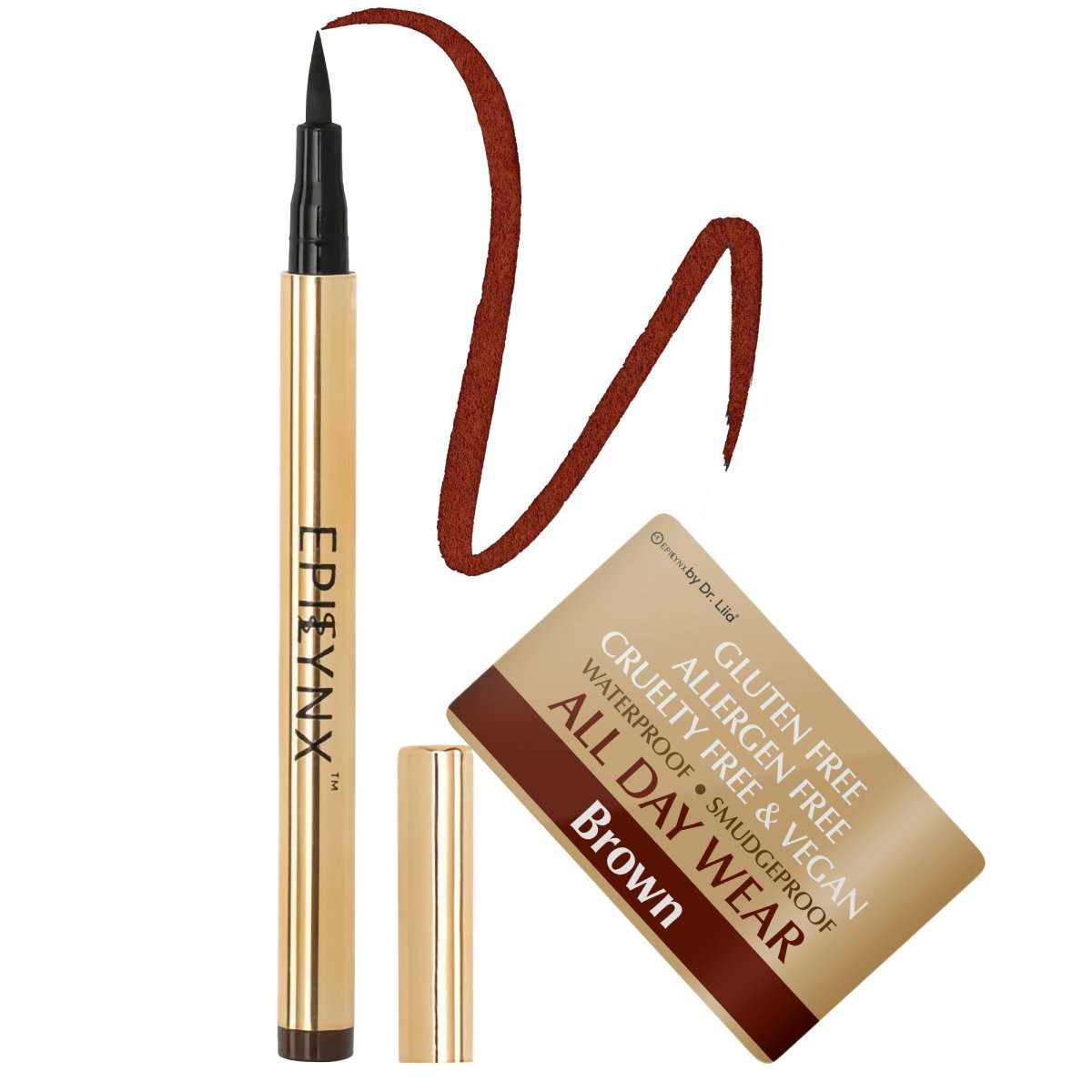 Liquid eyeliner pen, brown shade with slim precision tip and gold tube