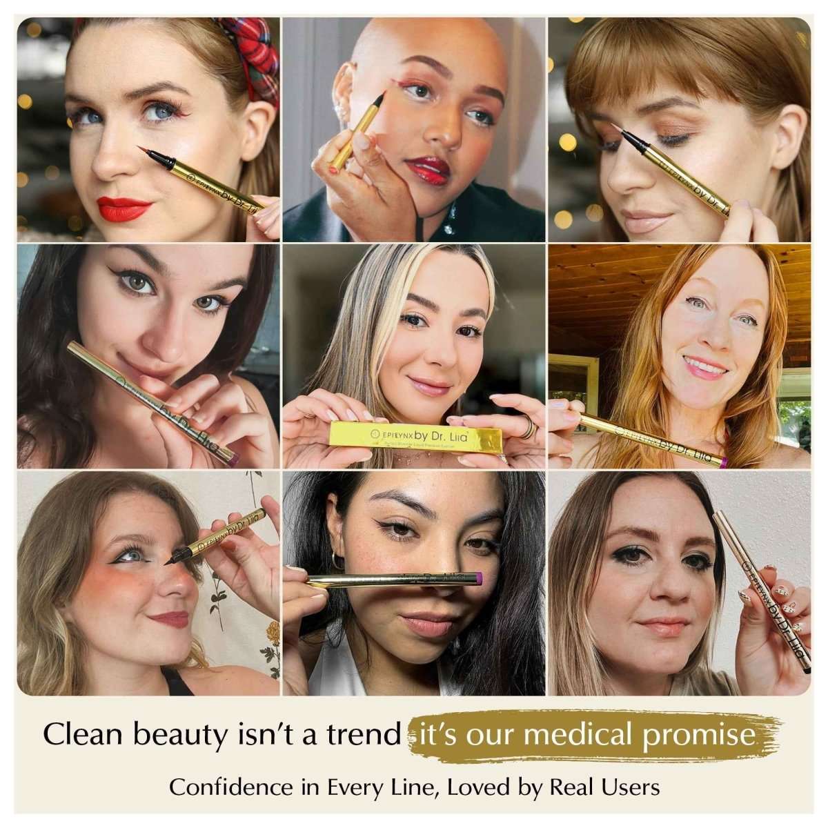 Set of liquid eyeliner looks on faces, with eyeliner applied using a thin brush pen
