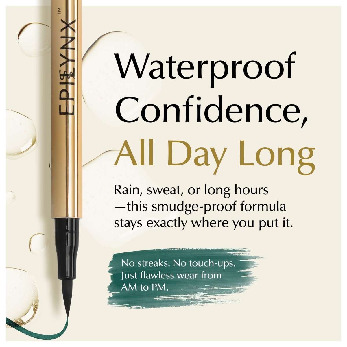 Waterproof liquid eyeliner pen with deep green wear swatch and precision tip