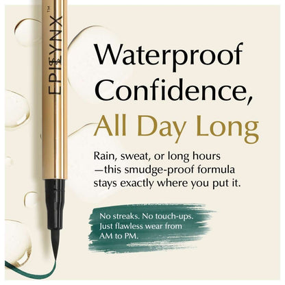 Waterproof liquid eyeliner pen with deep green wear swatch and precision tip