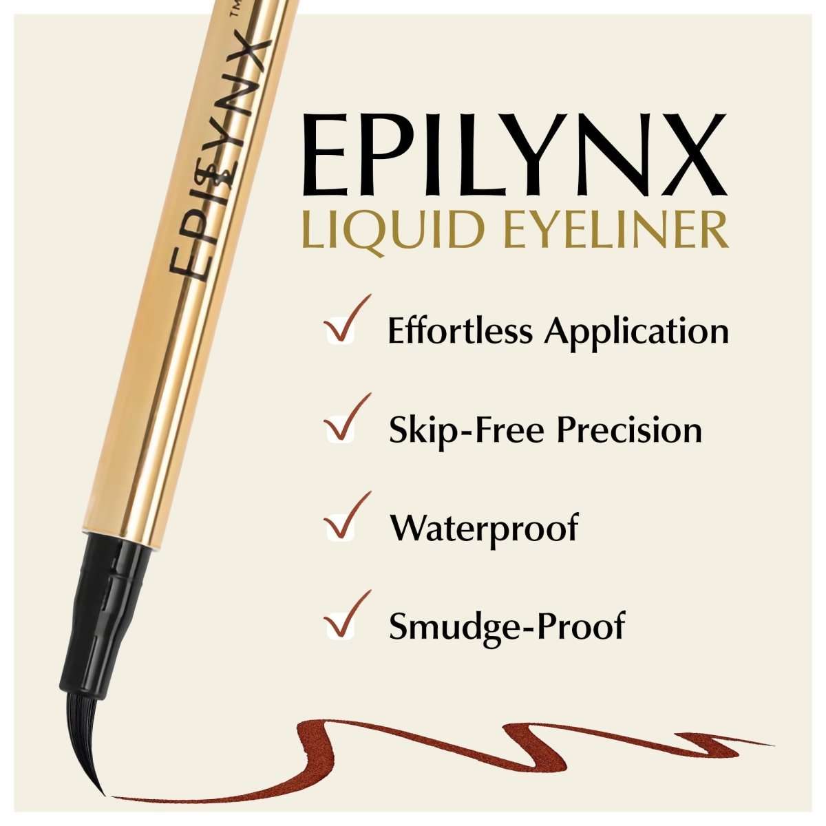 Liquid eyeliner pen with brown smudge-proof wing swatch on the lid
