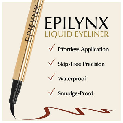 Liquid eyeliner pen with brown smudge-proof wing swatch on the lid