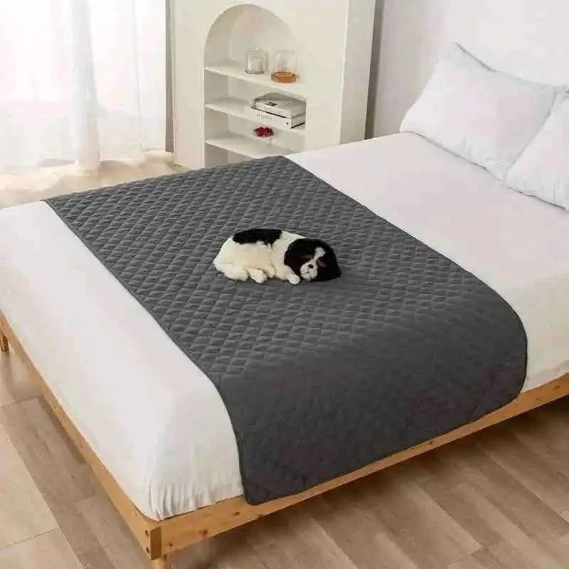 Pet bed cover, dark gray quilted blanket with raised paw-dots texture