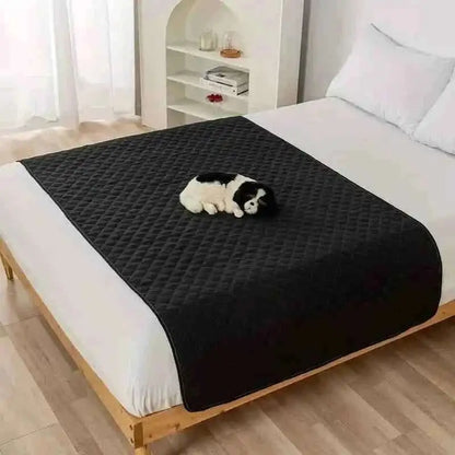 Waterproof pet bed cover, black quilted blanket with raised paw-dots texture