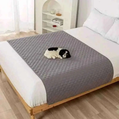 Waterproof pet bed cover, light gray quilted blanket with raised paw-dots pattern